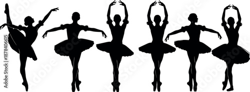 Elegant ballerina silhouettes in classical ballet poses, tutu dancers, graceful movement vector illustration set - flavector