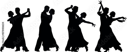 Elegant ballroom dance couple silhouettes set showing tango waltz partners graceful movement romance performance vector illustration collection