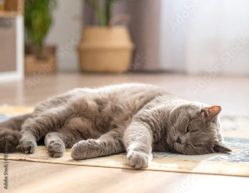 A serene scene of a cat sleeping peacefully on a rug