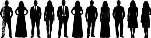 Elegant men and women silhouettes standing in formal and casual outfits, diverse human figures collection showing modern lifestyle characters isolated on white background illustration