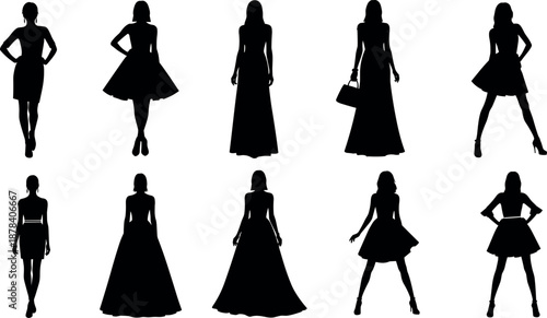 Elegant women silhouettes set wearing dresses in different fashion poses isolated on white background, female style modeling collection illustration