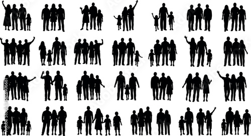 Family group silhouettes in various poses, adults and children interacting, black figure collection – flavector