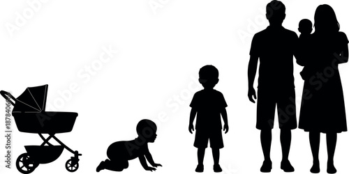 Family growth silhouette showing baby stroller crawling infant child parents holding newborn modern lifestyle generation vector illustration concept