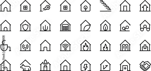 Home icons, house symbols, smart home, eco-friendly, security, utilities, connectivity, medical service, minimalist line style, real estate, lifestyle