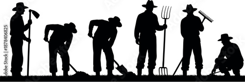 Farmer Working Silhouette Collection Showing Agriculture Gardening Tools Rural Labor Farming Lifestyle Vector Illustration Set