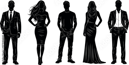 Fashion silhouette set, formal, casual, elegant, stylish outfits, black vector people illustration collection - flavector