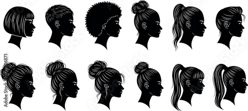 Female head silhouette set, women hairstyle profiles, beauty portrait collection, black hair icons, fashion design, isolated, flavector