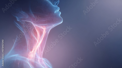 Transparent human neck anatomy with highlighted throat muscles and soft tissue in blue and pink light on dark background