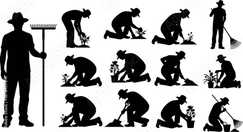 Gardener Planting Silhouette Collection Showing Farming Gardening Landscaping Outdoor Work Soil Care Vector Illustration Set