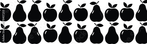 Black apple and pear silhouette pattern on white background, seamless fruit border vector illustration for kitchen decor, organic food labels, and packaging,