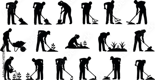 Gardening Work Silhouette Collection Showing Digging Raking Planting Watering Yard Maintenance People Outdoor Labor Vector Illustration Set