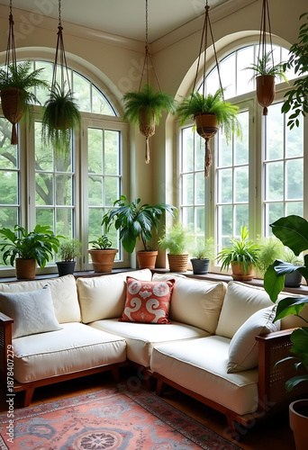 luxury bohemian sunroom, low profile cream sofa, macrame planters and arched windows, 8k interior