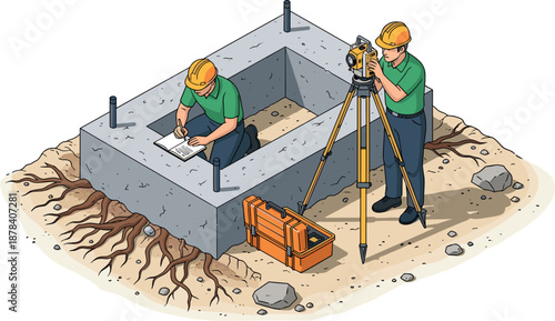 Isometric land surveying construction foundation illustration with engineers using total station equipment site measurement professional vector artwork