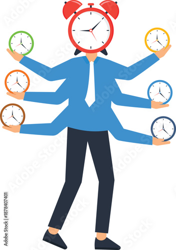 Multitasking businessman time management busy schedule deadline pressure work efficiency alarm clock multiple arms business concept flat design overwhelmed worker productivity icon corporate stress
