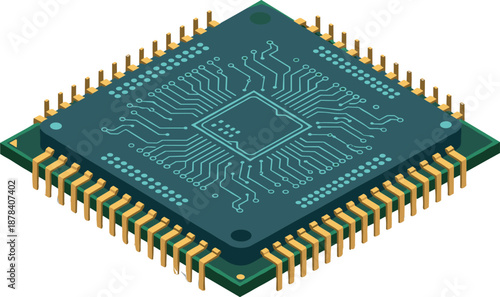 Isometric microchip processor illustration modern computer hardware technology semiconductor CPU circuit board design isolated on white background vector