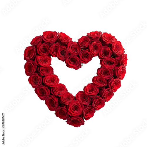 Heart shaped Arrangement of Red Roses on White Background