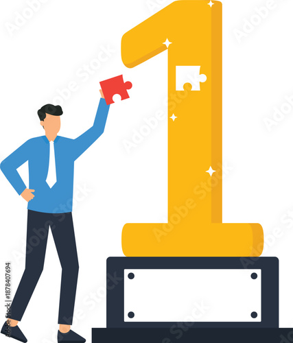Businessman completing puzzle piece on giant number one trophy representing business success achievement goal winning concept first place corporate victory solving challenge flat design male worker
