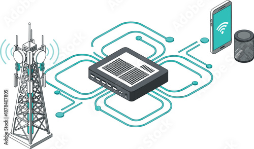 Isometric wireless network technology illustration with router server antenna smartphone and smart speaker internet connectivity concept vector isolated