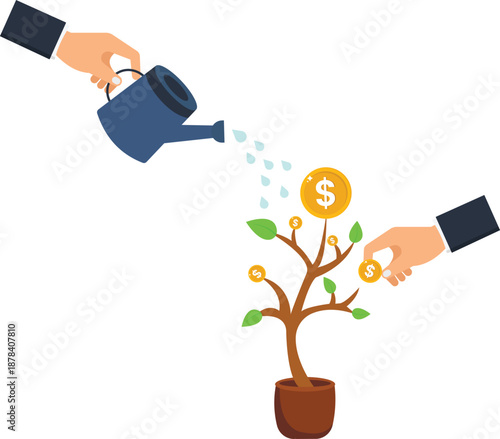 Money tree financial growth investment strategy business success saving money dollar coins watering can earning profit return investment planting seeds future planning