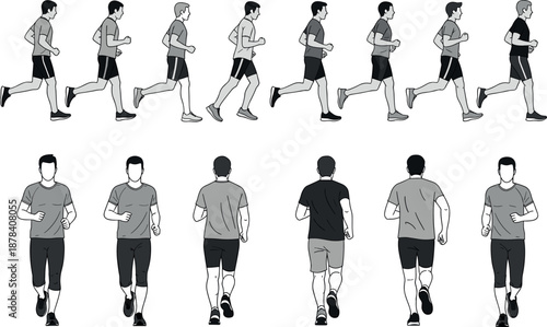 Male running animation sequence illustration showing jogger movement cycle from multiple angles fitness training motion study vector set