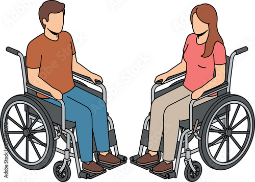 Man and Woman Sitting in Wheelchairs Facing Each Other Inclusive Disability Concept Flat Vector Illustration Isolated White Background Design Style