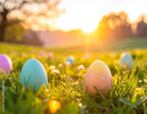 A serene scene of colorful Easter eggs on a lush green grassy field at sunrise
