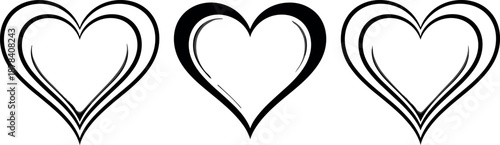 Minimal heart shape icon set with outline and filled styles isolated black vector illustration for love romance design