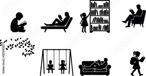Minimal black silhouette icons of children and adults reading books at home library park leisure education lifestyle family learning concept