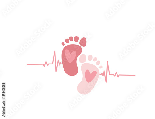 Baby Footprints with Heartbeat Line Pregnancy Announcement Vector