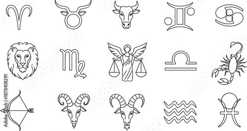 Minimal zodiac signs line icons set astrology symbols horoscope constellation vector collection isolated on white background for modern spiritual design