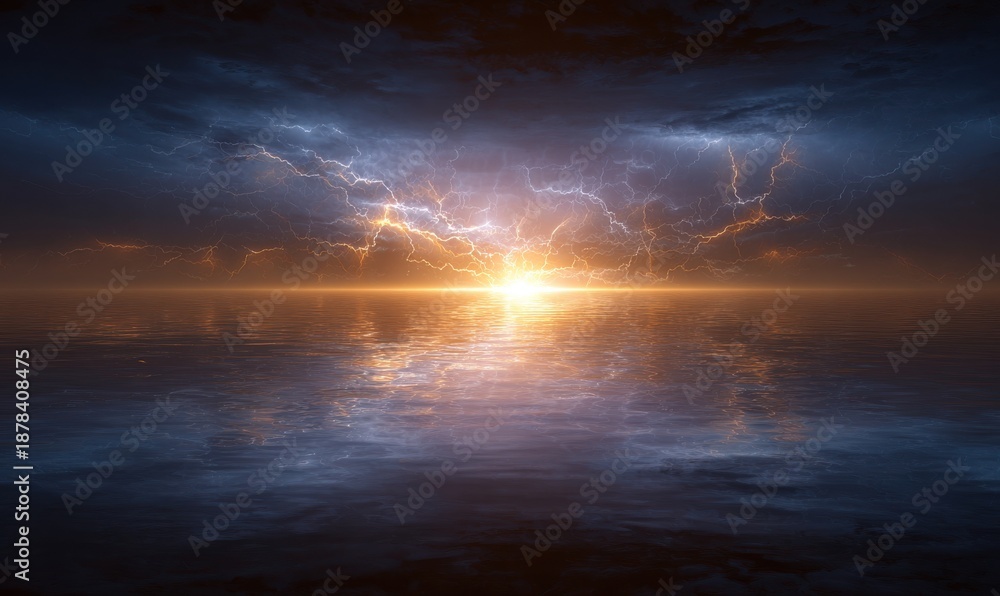Obraz premium Electric Horizon: A stunning visualization of a dramatic sunset, where fiery light explodes across the sky, electrifying the clouds above a calm water surface.