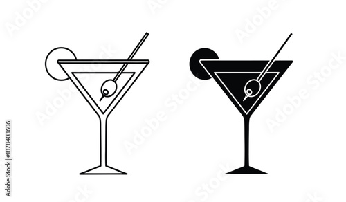 Black and white martini glass icons with olives and straws on pure