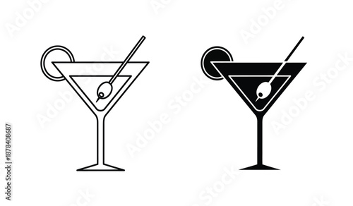 Black and white illustration of two cocktail glasses with skulls and olives