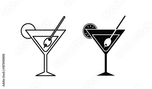 Two black and white martini glass icons with olives and straws on a pure