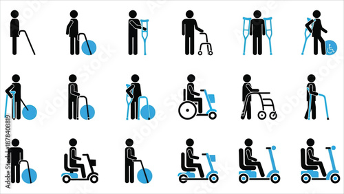 Pictograms representing disabled, elderly, and injured people using orthopedic accessories and wheelchairs to support mobility