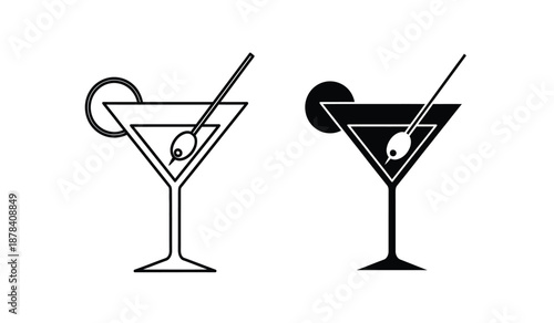 Two martini glasses with olives and cocktail sticks in black and white line art