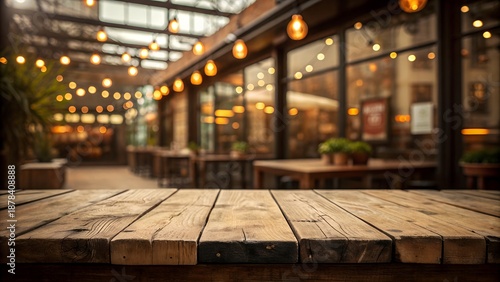 Wallpaper Mural Rustic wooden tabletop foreground with blurred cozy cafe and warm string lights Torontodigital.ca