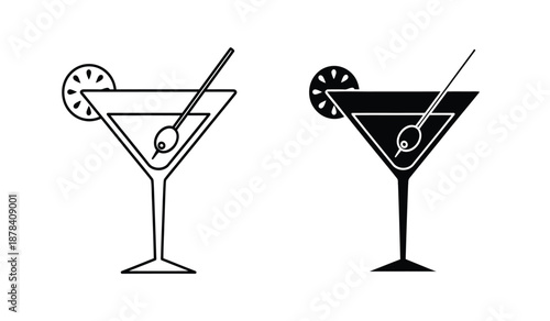 Black and white line art illustration of two martini glasses with lime wedges and stirrers on a pure