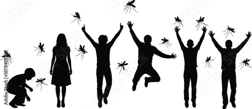 Black silhouettes of people jumping and waving surrounded by flying mosquitoes, pest control concept, isolated cad drawing flat vector illustration on white.