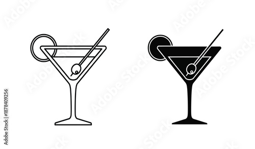 Two black and white martini glass icons with olives and cocktail sticks