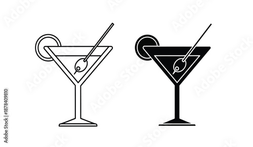 Two martini glasses with olives and cocktail sticks in black and white