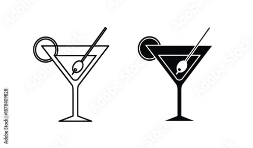 Black and white martini glass icons with olives and cocktail sticks