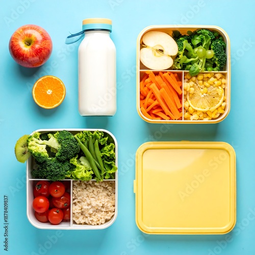 Healthy lunchboxes and snacks arranged on a bright blue background, viewed from above, flat lay composition
