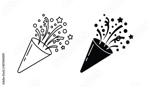 Black and white illustration of two party horns with confetti and stars on isolated for celebration and party themes
