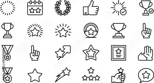 Achievement icons, award symbols, recognition graphics, trophy elements, success badges, certificate design, star rating, approval icons, line style, reward