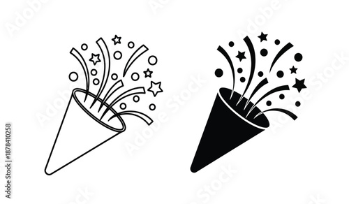 Black and white party horns with stars and confetti celebration icons