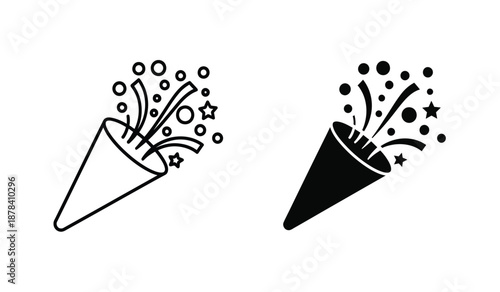 Black and white party popper icons with stars and circles