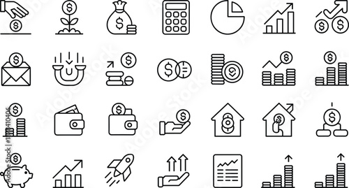 Finance icons, investment symbols, money growth, budgeting tools, savings graphics, economic elements, financial planning, business strategy, wealth, economy