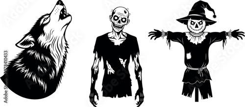 Halloween Horror Character Silhouette Collection Featuring Howling Wolf Zombie Scarecrow Spooky Dark Fantasy Vector Illustration Set