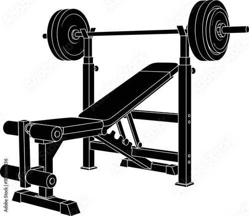 Gym bench press equipment silhouette with barbell weights, strength training fitness workout machine, professional vector illustration isolated